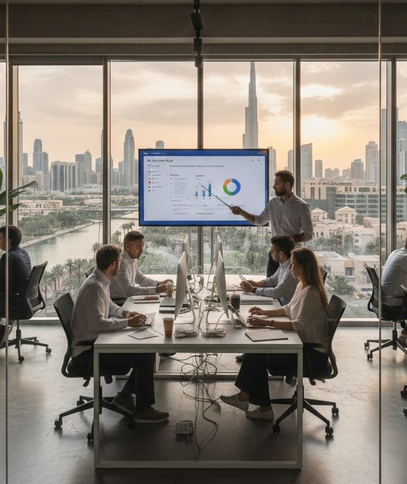 Team meeting with data presentation in a modern office overlooking Dubai.