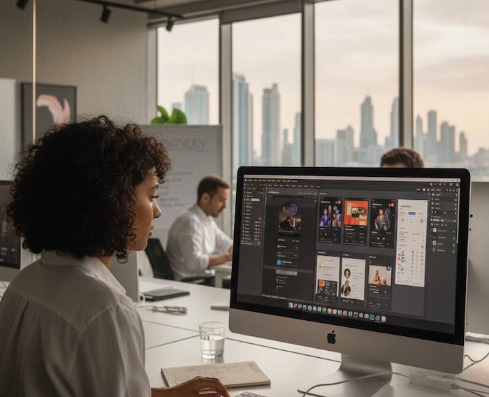 Designer working on UI UX layouts on a desktop computer in a modern office.