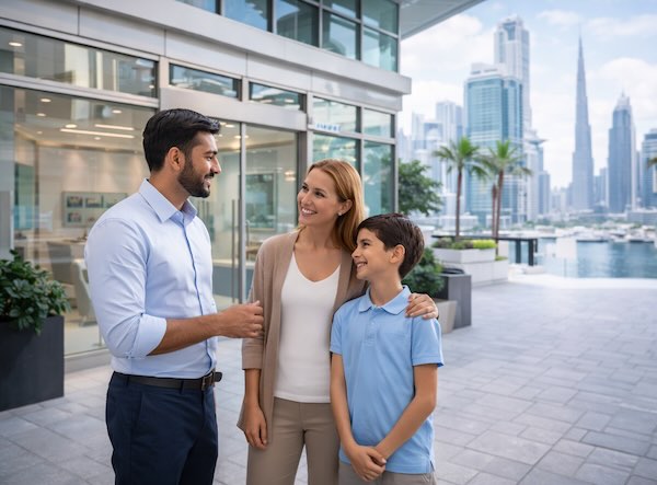 Dentist speaking with a mother and child outside a clinic in Dubai’s Business Bay.