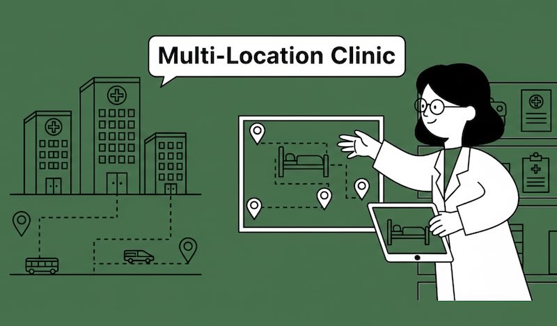 Multi-location clinic management illustration.