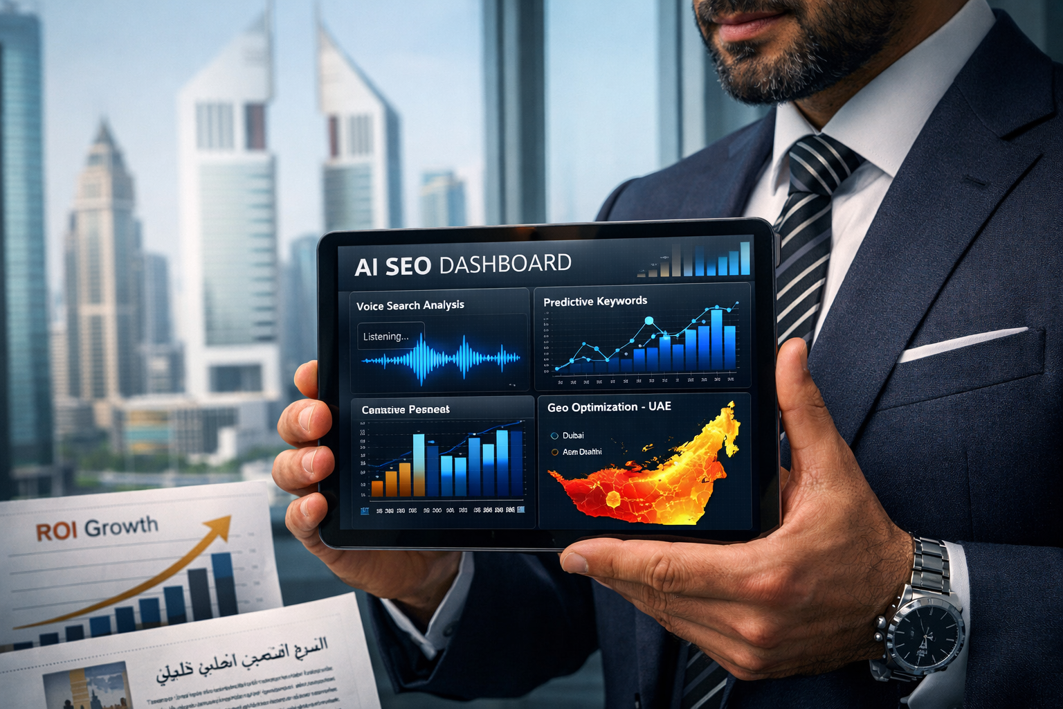 Close-up editorial photograph of a Dubai business professional in formal attire holding a tablet displaying an AI-powered