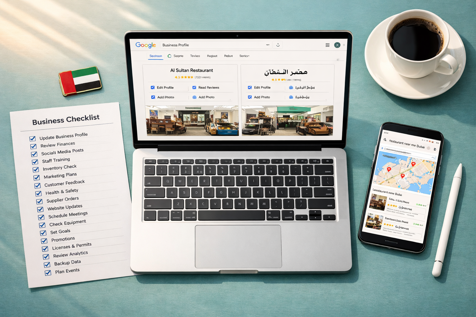 Flat-lay overhead shot of a UAE business owner's desk in a modern Dubai office: open laptop showing Google Business Profile