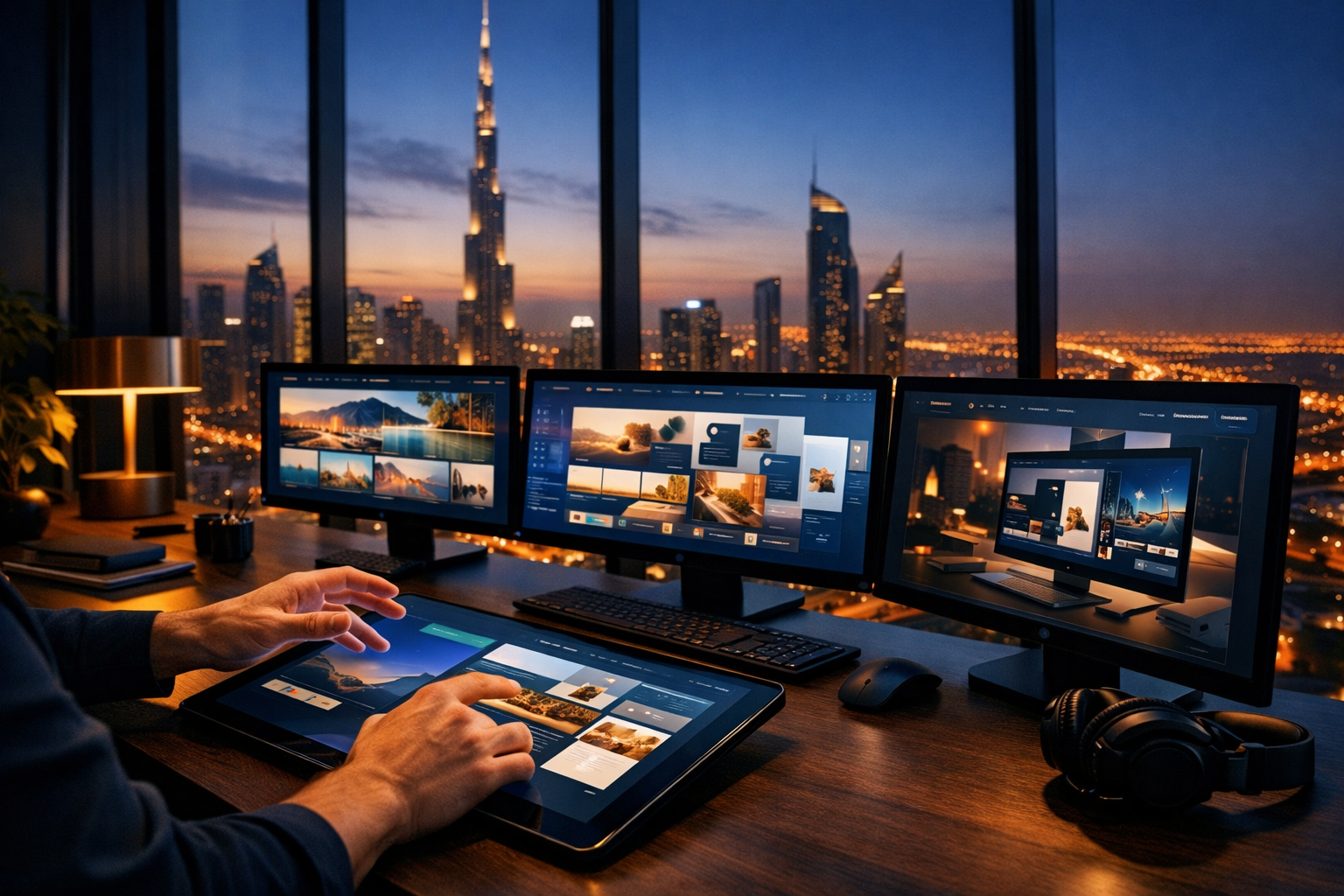 Professional () hero image showing a sleek modern web design studio in Dubai with floor-to-ceiling windows overlooking the