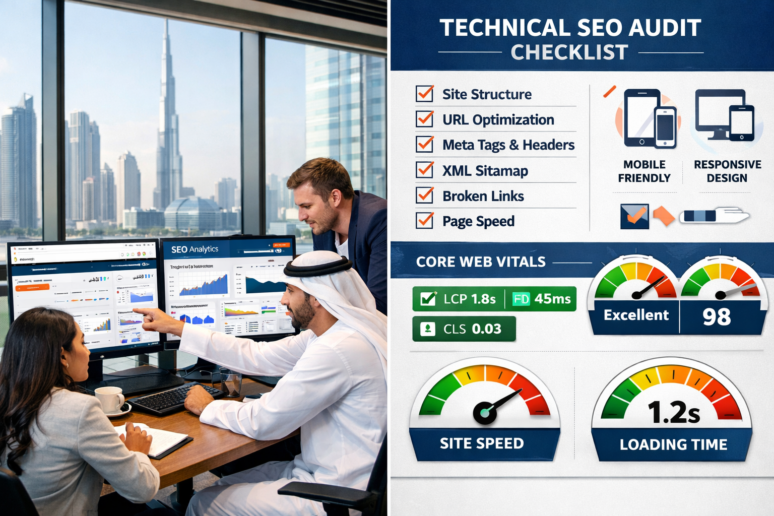 Split-screen () showing left side: a diverse multicultural team of professionals in a modern Dubai co-working space
