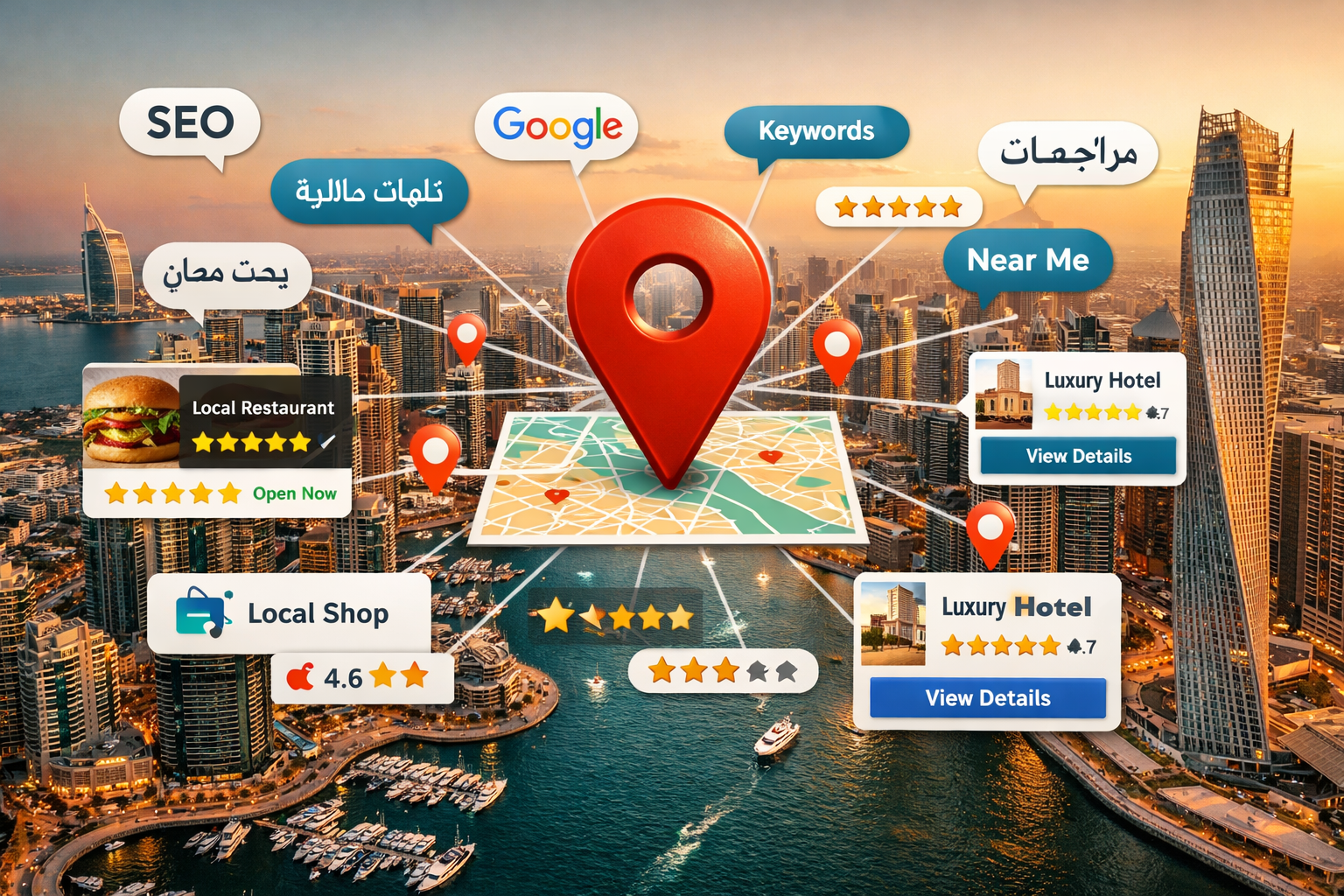 Wide-angle aerial view of Dubai Marina district at golden hour with digital SEO concept overlays: floating keyword bubbles