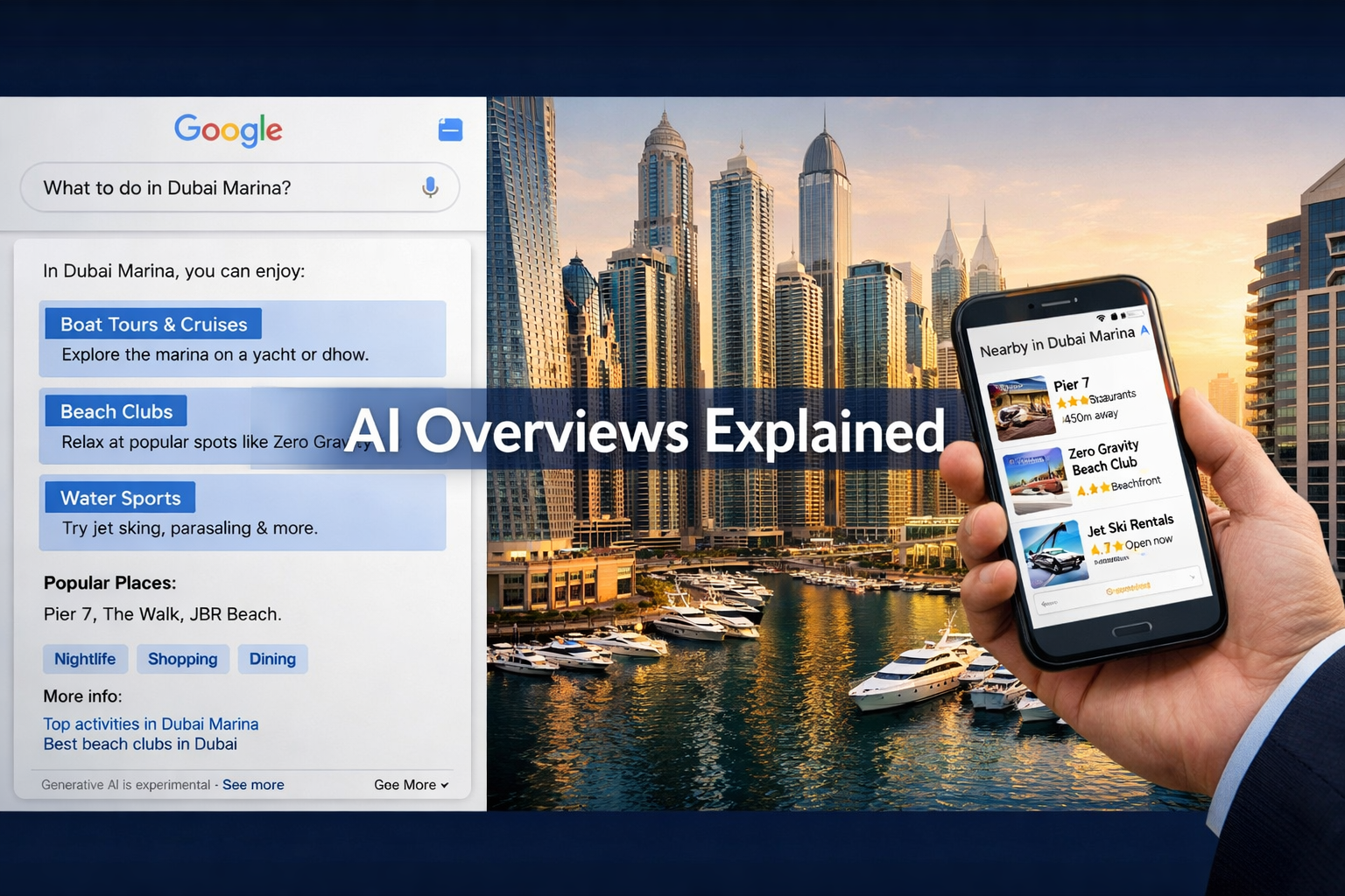 () editorial illustration showing a split-screen concept: left side displays a Google AI Overview snippet panel with