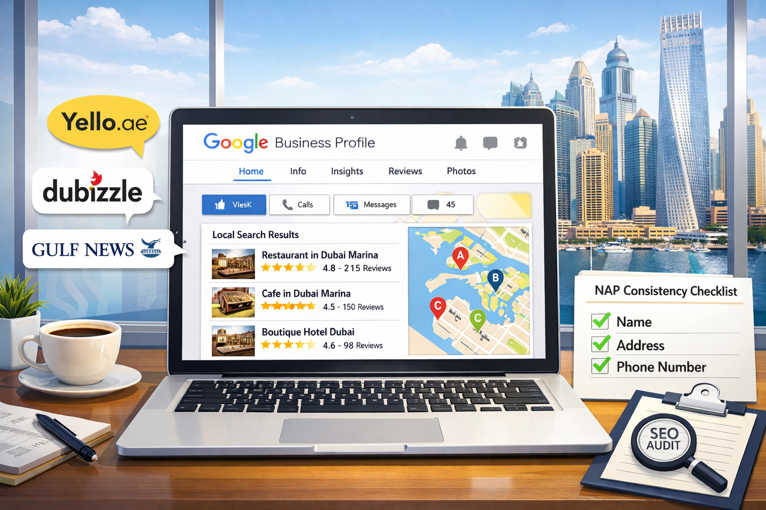 () infographic-style illustration showing a Google Business Profile dashboard on a laptop screen with Dubai-specific