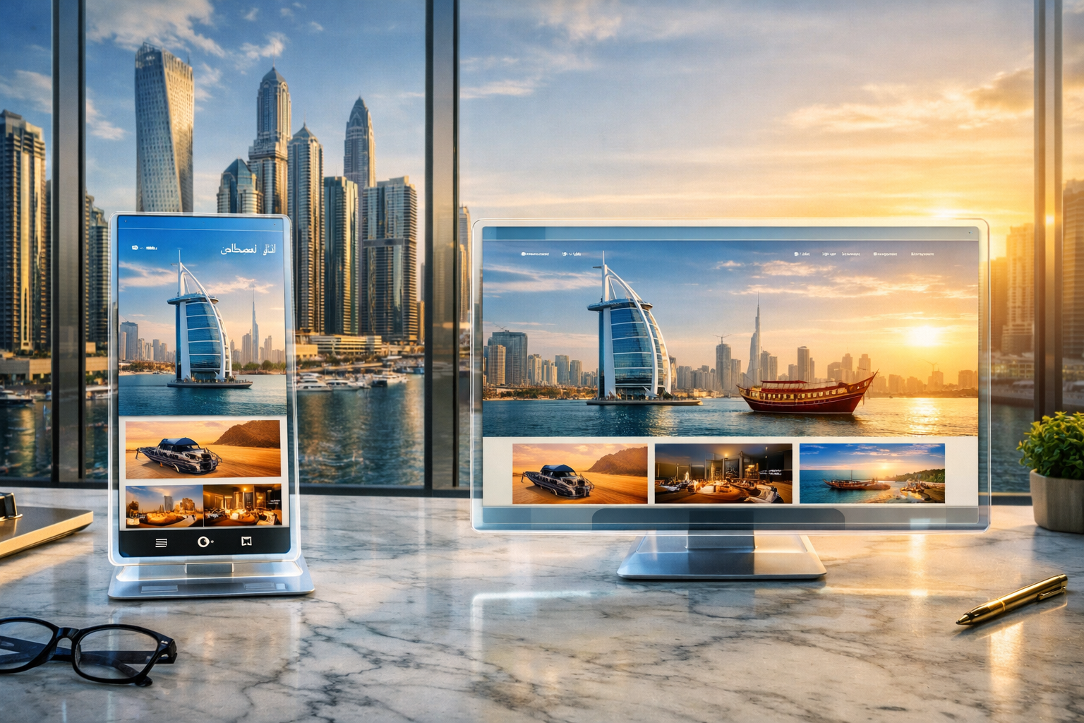 () showing a split-screen visual comparison of a mobile-first Dubai website design on the left with Arabic RTL layout and on