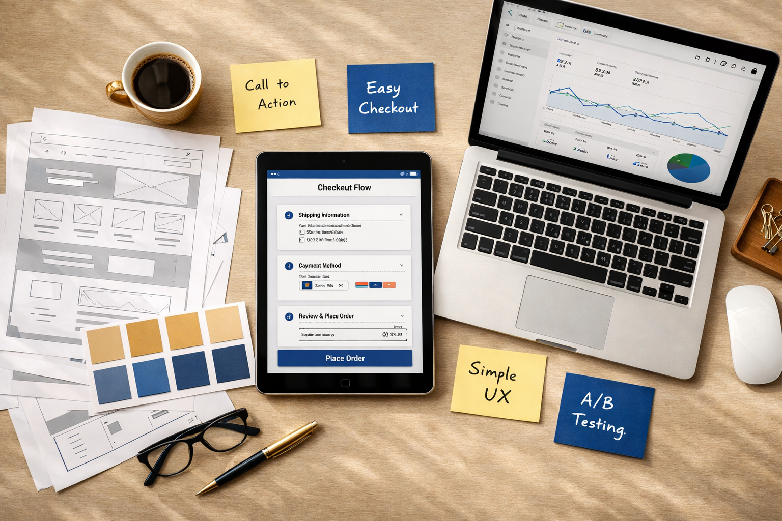 () showing an overhead flat-lay of a Dubai web design agency workspace with printed wireframes, color swatches in gold and