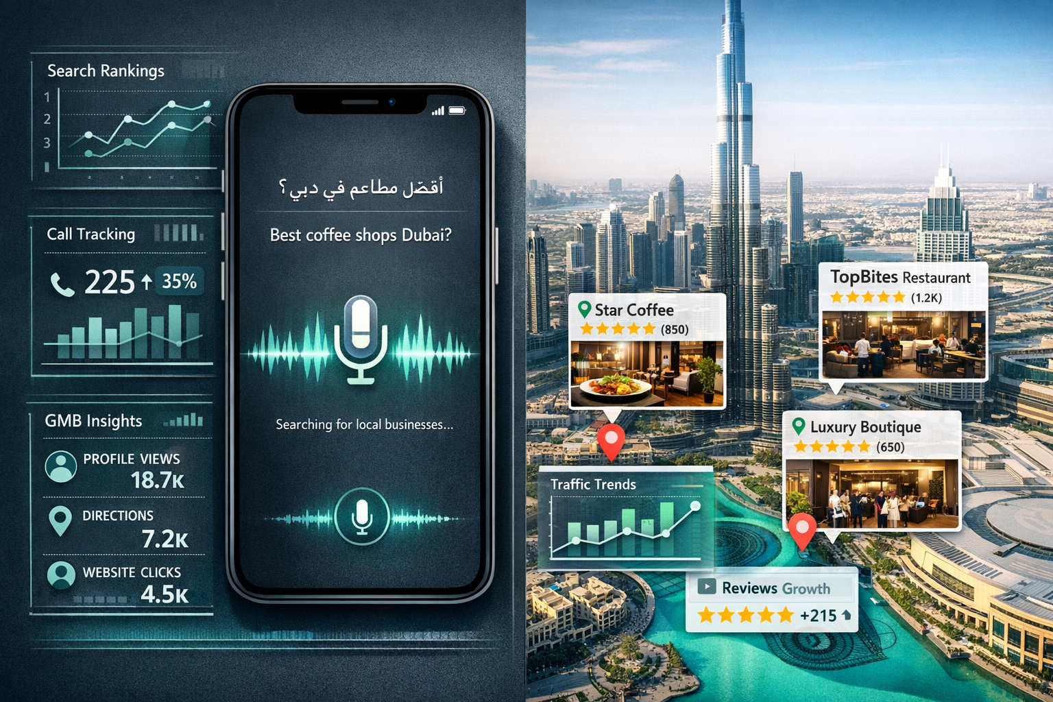 () split-screen concept image: left side shows a smartphone displaying voice search interface with Arabic and English text